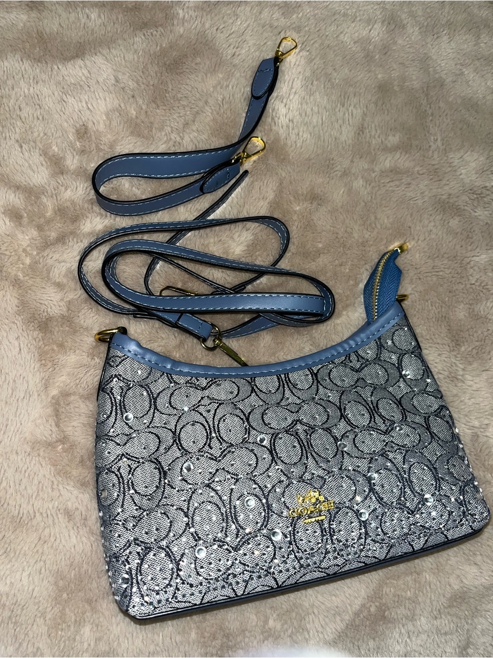 Coach Metallic Signature Small Crossbody in Silver and Blue Trim